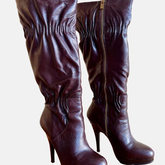 NWT MICHAEL KORS 'Webster' Coffee Scrunch Women's Nappa Leather Knee High Boots - Picture 1 of 10